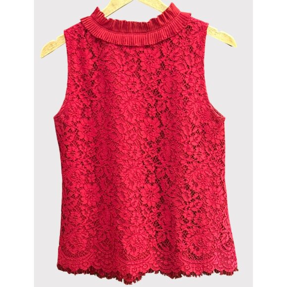 J Crew Red Lace Sleeveless Blouse Ruffle Collar Elegant Feminine Romantic Small - Picture 3 of 7